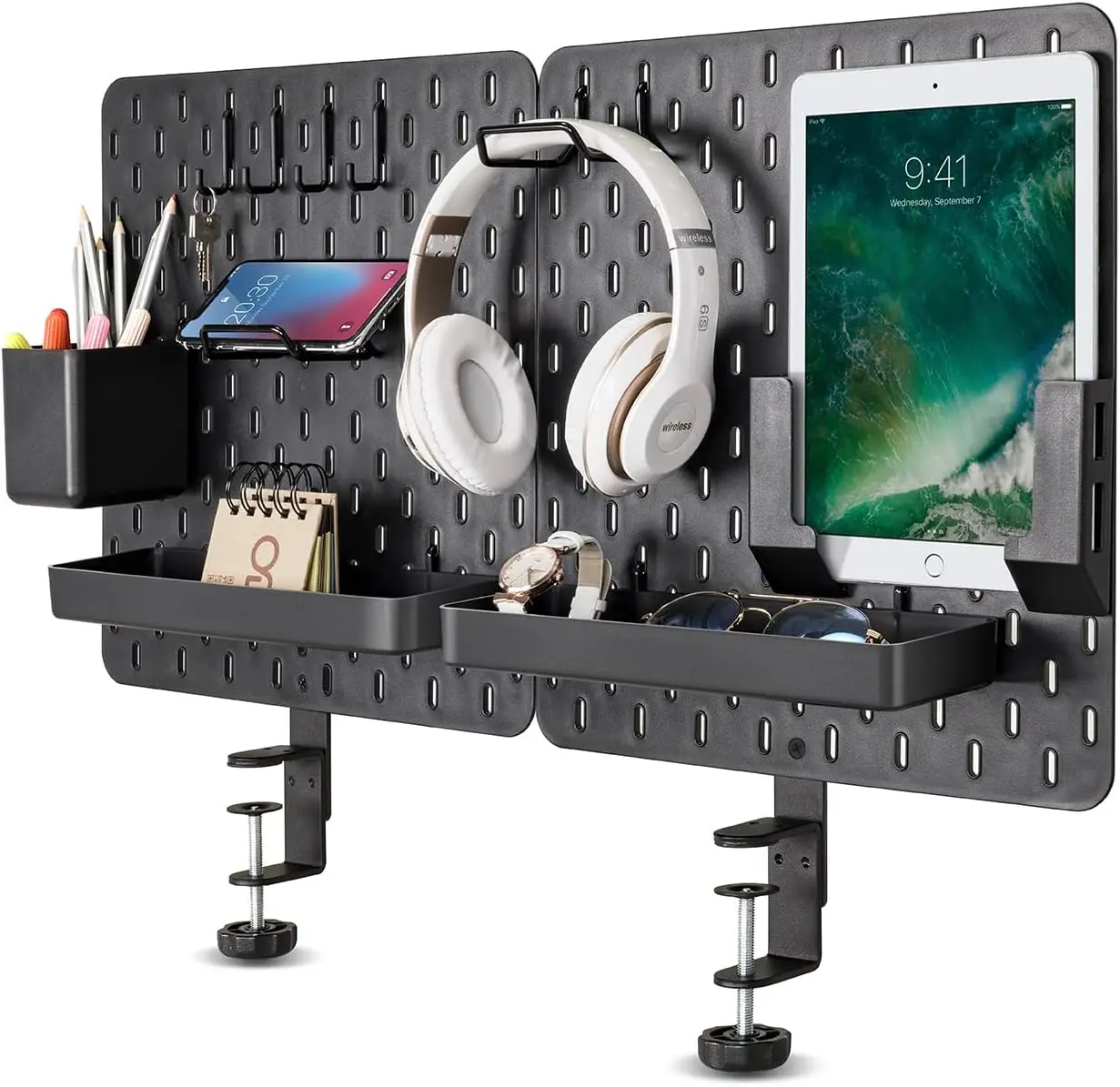 2-Pack Clamp-On Desk Pegboard Privacy Divider, No-Drill Mounted Organizer for Office Gaming Home, Black (27x14 inch)
2-Pack Clamp-On Desk Pegboard Privacy Divider, No-Drill Mounted Organizer for Office Gaming Home, Black (27x14 inch)