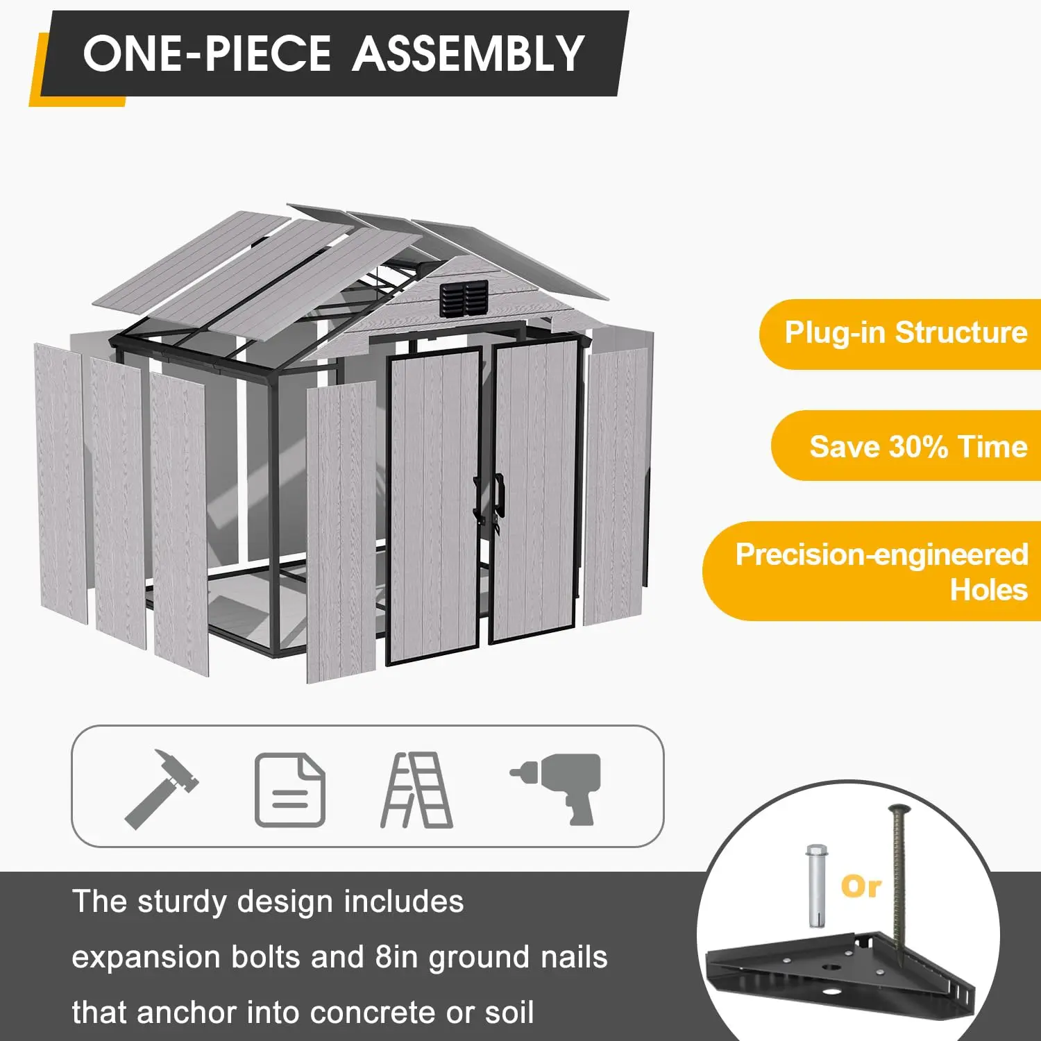 8 x 6 FT Outdoor Storage Tool Shed with Lockable Door and Windows, Outdoor Resin Storage Shed with Floor, Plastic, Customized
8 x 6 FT Outdoor Storage Tool Shed with Lockable Door and Windows, Outdoor Resin Storage Shed with Floor, Plastic, Customized