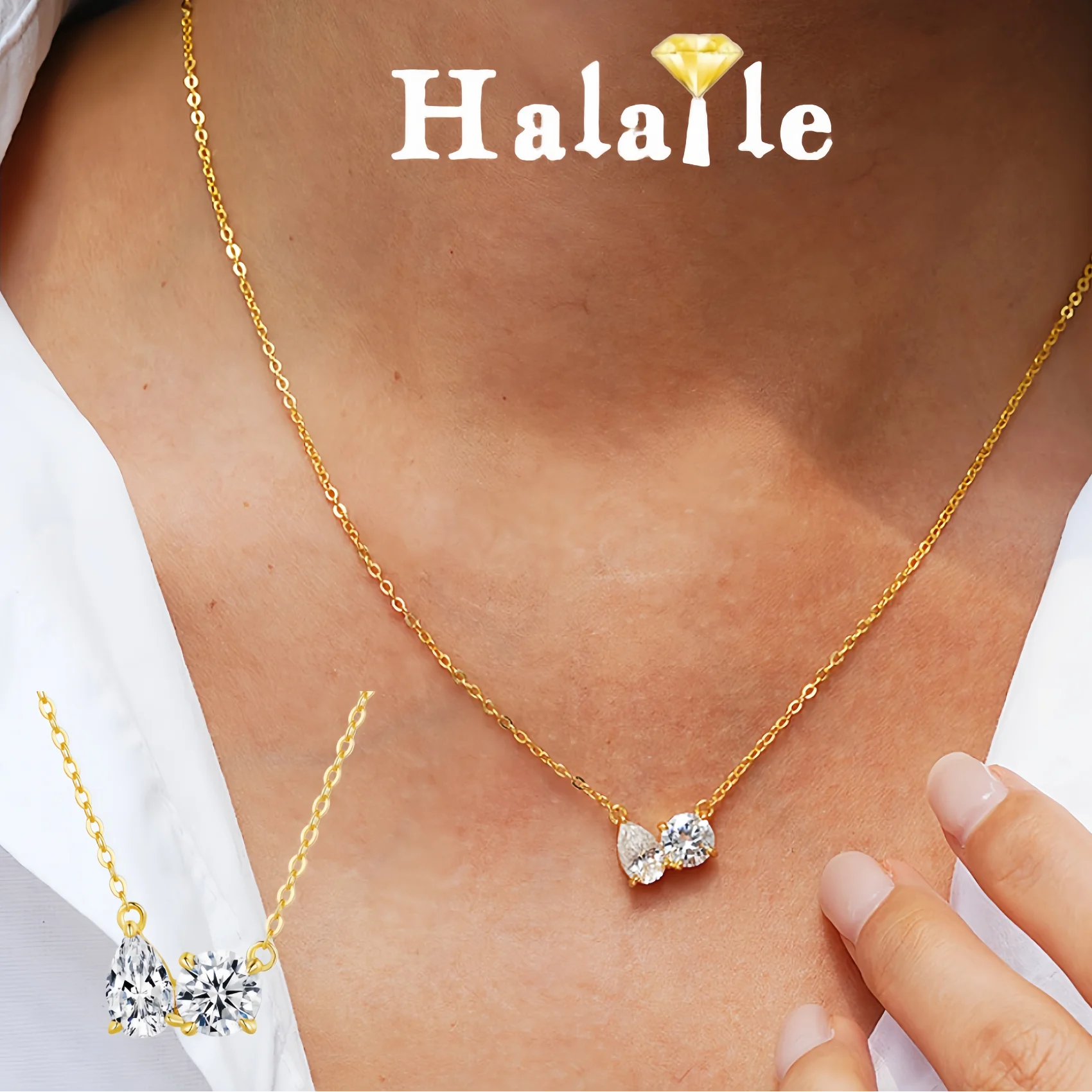 Halaile 1-2ct Moissanite/Zircon Heart Pear Round Double Stones Necklace S925 Sterling Silver For Women Sparkling Fine Jewelry
Halaile 1-2ct Moissanite/Zircon Heart Pear Round Double Stones Necklace S925 Sterling Silver For Women Sparkling Fine Jewelry