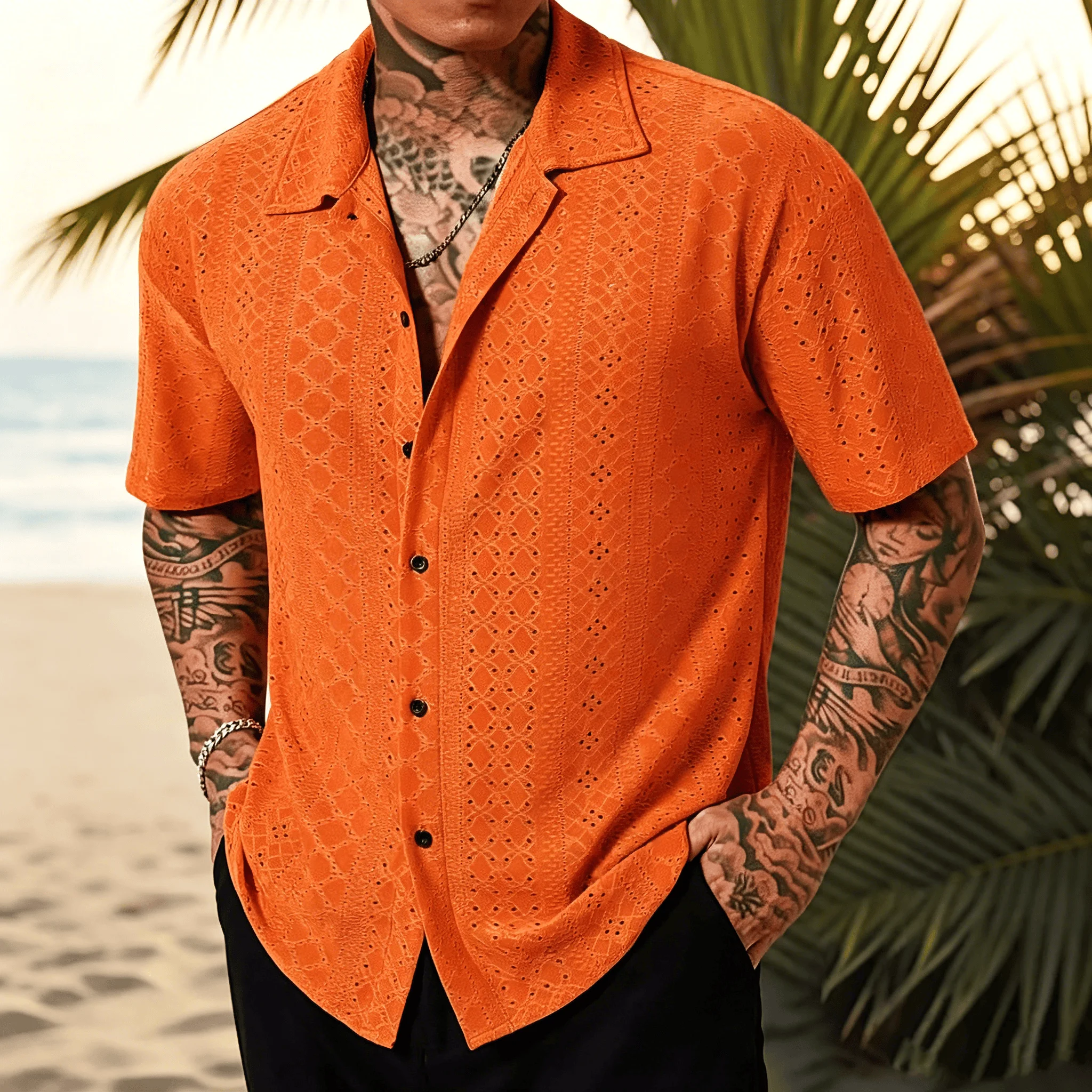 Men's Vacation Casual Style Knitted Geometric Striped Crochet Textured Jacquard Loose Short-Sleeve Shirt Hawaiian Beach Shirts
Men's Vacation Casual Style Knitted Geometric Striped Crochet Textured Jacquard Loose Short-Sleeve Shirt Hawaiian Beach Shirts
