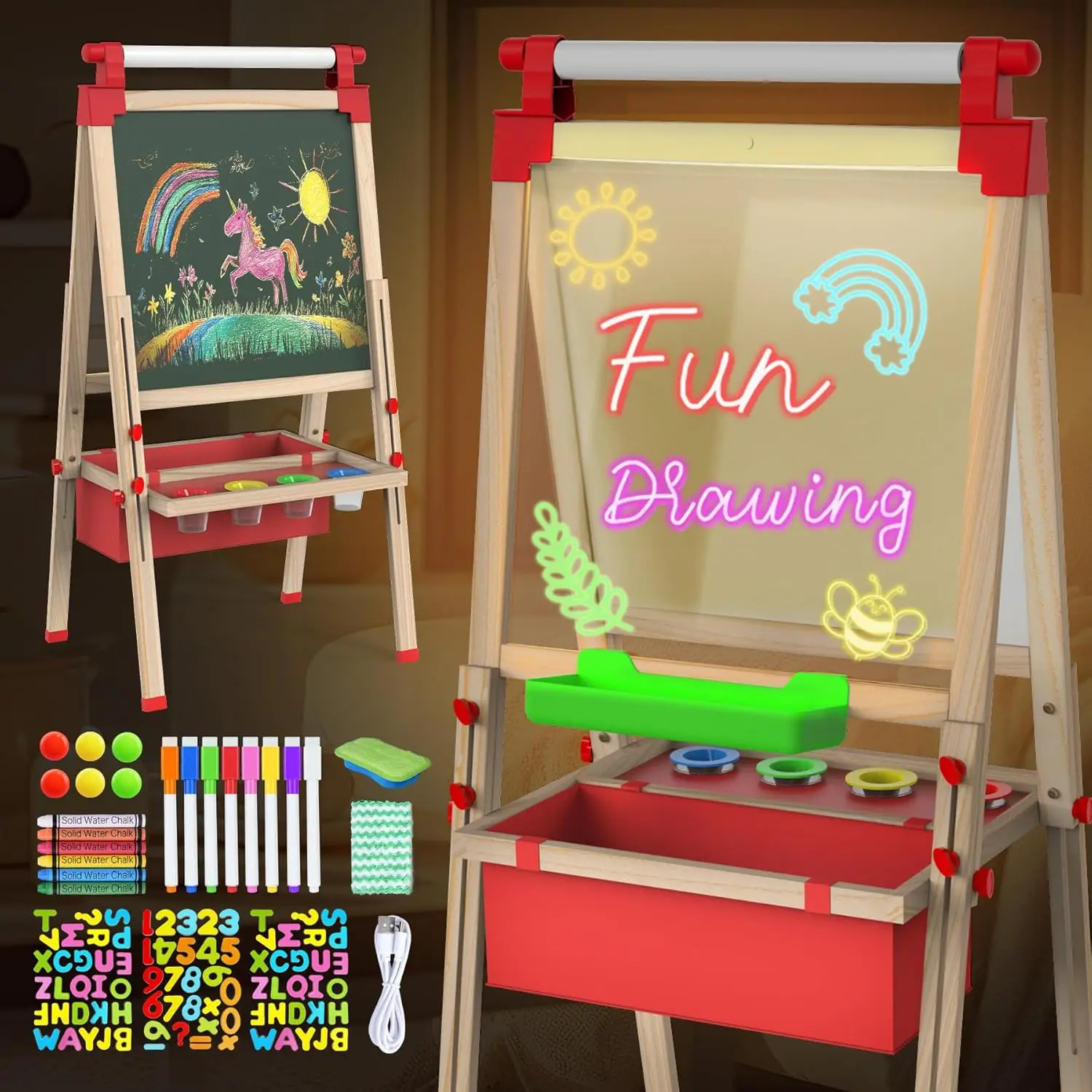 LED Easel for Kids Ages 4-12, Light Up Wooden Drawing Board with Paper Roll, Magnetic Blackboard and Dry Erase Board
LED Easel for Kids Ages 4-12, Light Up Wooden Drawing Board with Paper Roll, Magnetic Blackboard and Dry Erase Board