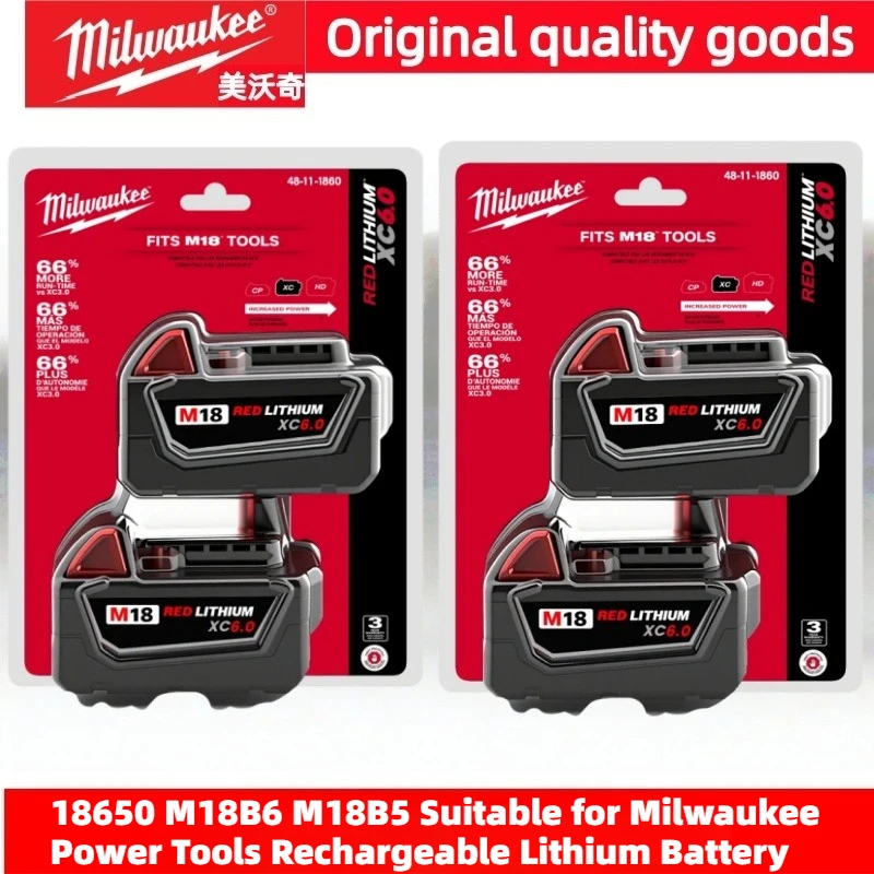 100% Milwaukee M18 FUEL 6.0Ah 18V Battery 18650 M18B6 M18B5 Suitable for Milwaukee Power Tools Rechargeable Lithium Battery
100% Milwaukee M18 FUEL 6.0Ah 18V Battery 18650 M18B6 M18B5 Suitable for Milwaukee Power Tools Rechargeable Lithium Battery