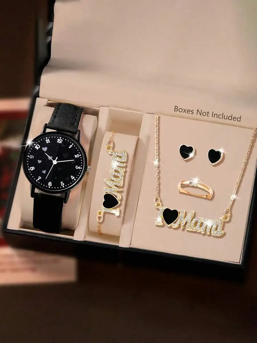 Mothers Day Womens Watch Set With I Love Mom Necklace Earrings Ring Bracelet Fashion Casual Quartz Watch For Women
Mothers Day Womens Watch Set With I Love Mom Necklace Earrings Ring Bracelet Fashion Casual Quartz Watch For Women