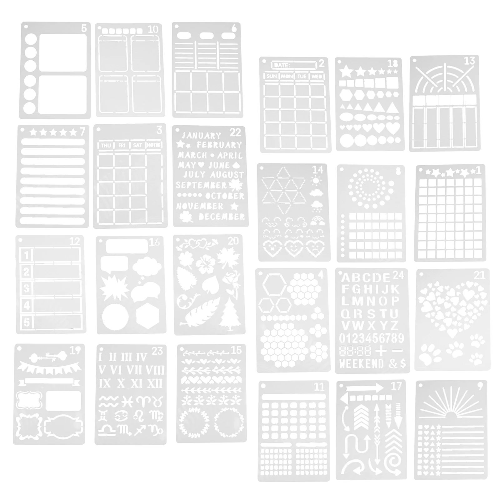 24pcs Painting Templates Journal Stencils High Quality Plastic DIY Drawing Graffiti Scrapbook Supplies Notebook Planning
24pcs Painting Templates Journal Stencils High Quality Plastic DIY Drawing Graffiti Scrapbook Supplies Notebook Planning