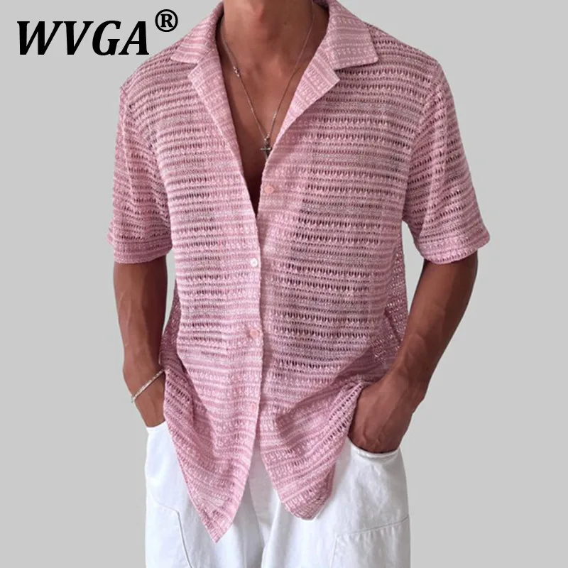 WVGA Топы Весна Лето Новые мужские Tide High Street Прозрачный отложной воротник Модная нишевая шикарная повседневная рубашка с коротким рукавом Ins W11470 
WVGA Топы Весна Лето Новые мужские Tide High Street Прозрачный отложной воротник Модная нишевая шикарная повседневная рубашка с коротким рукавом Ins W11470