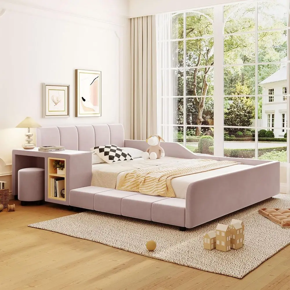 ull Size Mother Child Sot Bed with Bede Desk and Little Round Stool, Velvet Upholstered Platorm Bed Grounded Bed with board, Pin
ull Size Mother Child Sot Bed with Bede Desk and Little Round Stool, Velvet Upholstered Platorm Bed Grounded Bed with board, Pin