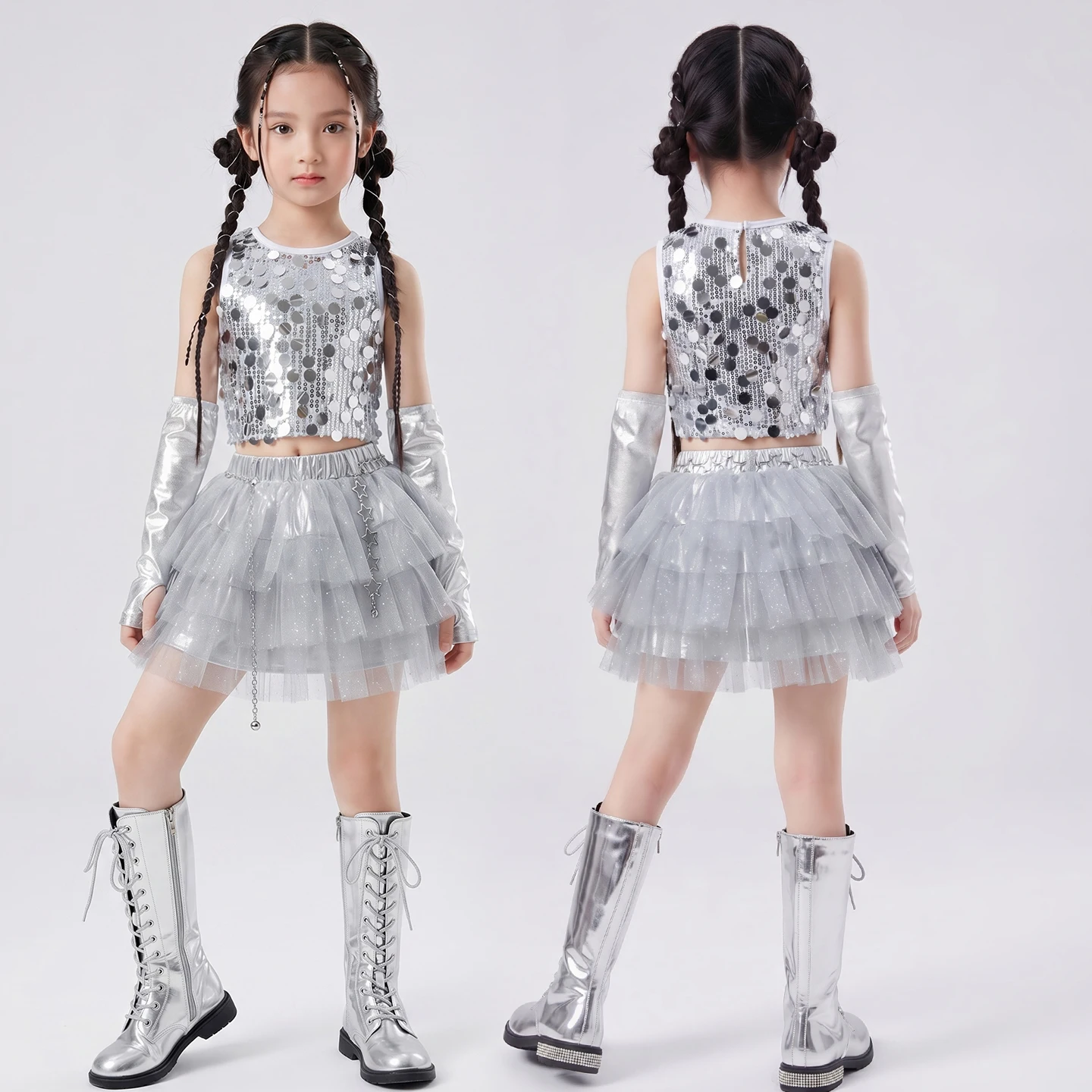 Kids Girls Shiny Sequined Tutu Dress Set with Arm Sleeves for Girls Stage Recital Hip Hop Dance Costumes Street Wear Jazz Party
Kids Girls Shiny Sequined Tutu Dress Set with Arm Sleeves for Girls Stage Recital Hip Hop Dance Costumes Street Wear Jazz Party