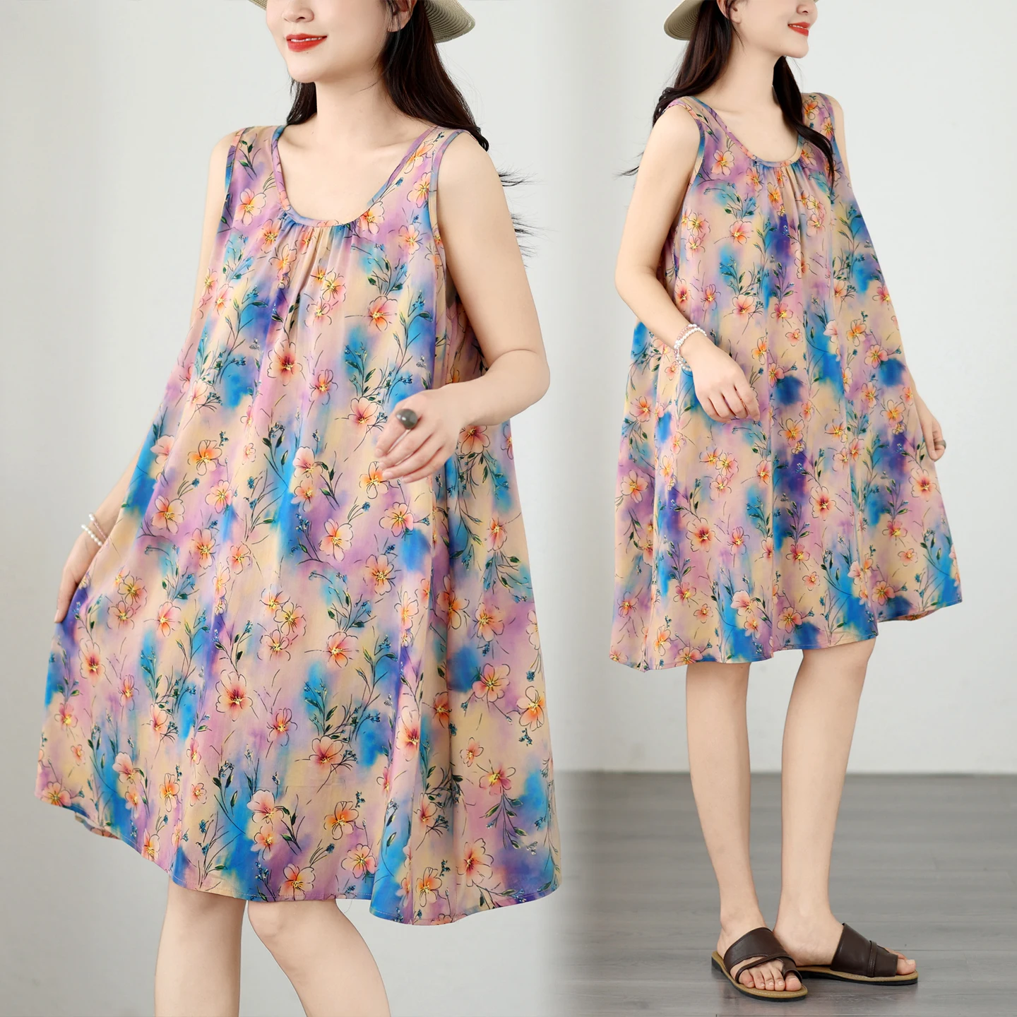 Summer Loose Sleeveless round Neck Print A-Line Dress Women's plus Size Clothing Artistic Style Cotton Citywalk Dress
Summer Loose Sleeveless round Neck Print A-Line Dress Women's plus Size Clothing Artistic Style Cotton Citywalk Dress