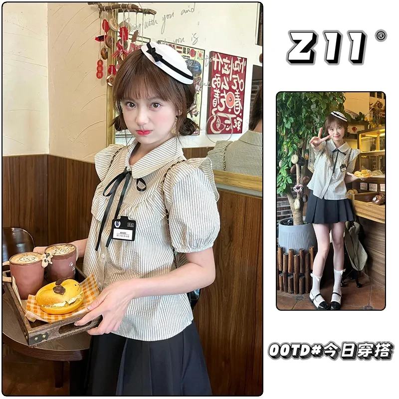 Preppy Style Striped Short Sleeve Shirt Women Summer Sweet Bow Tie Lapel Ruffled Y2k Crop Top Japanese Casual Blouses
Preppy Style Striped Short Sleeve Shirt Women Summer Sweet Bow Tie Lapel Ruffled Y2k Crop Top Japanese Casual Blouses