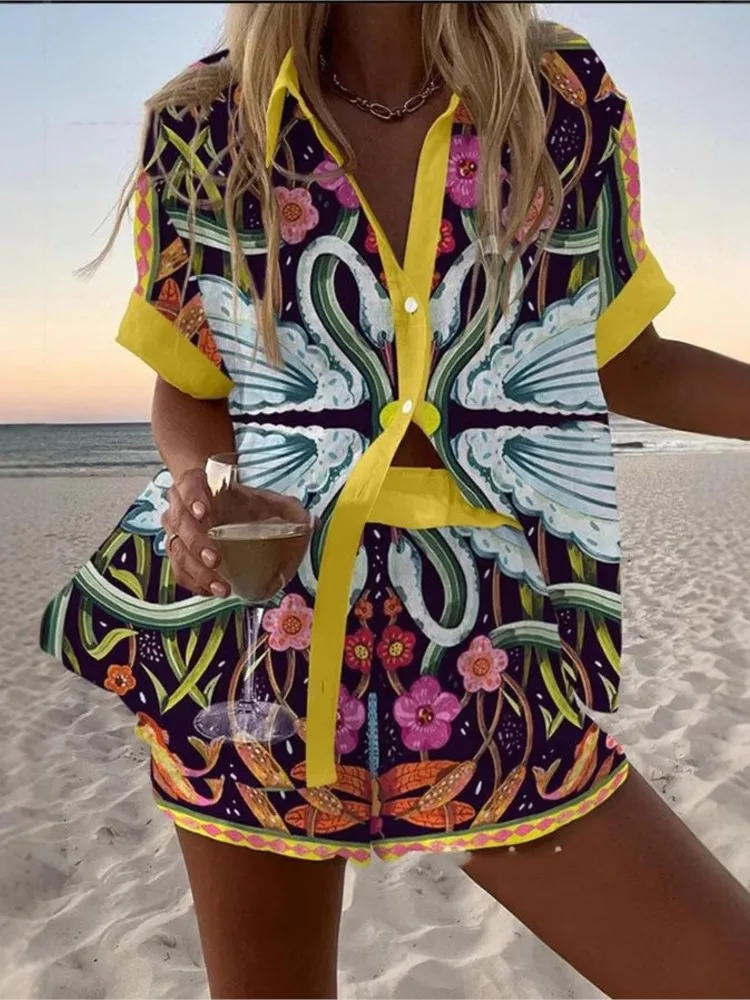 Fashion Print Shorts Sets 2025 Summer Women Beach Short Sleeve Tops And Shorts Casual Two Pieces Outfits Female Comfort Clothing
Fashion Print Shorts Sets 2025 Summer Women Beach Short Sleeve Tops And Shorts Casual Two Pieces Outfits Female Comfort Clothing
