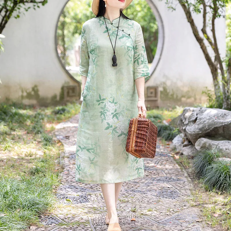 Women Plus Size Half Sleeve Cheongsam Vintage Cotton Summer Loose A-Line Dress New Chinese Style Costumes Green Dresses
Women Plus Size Half Sleeve Cheongsam Vintage Cotton Summer Loose A-Line Dress New Chinese Style Costumes Green Dresses