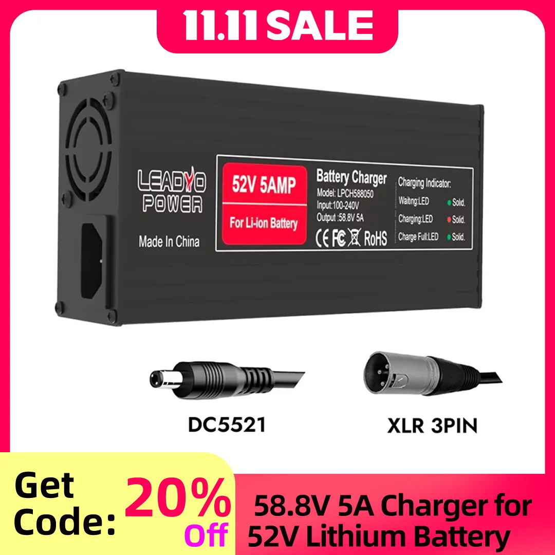 Зарядное устройство 58,8 В, 5 А, 14S, 52 В, литий-ионный аккумулятор для электрического велосипеда, самоката, мотоцикла с разъемом DC2.1 XLR-3pin, умное зарядное устройство
Зарядное устройство 58,8 В, 5 А, 14S, 52 В, литий-ионный аккумулятор для электрического велосипеда, самоката, мотоцикла с разъемом DC2.1 XLR-3pin, умное зарядное устройство