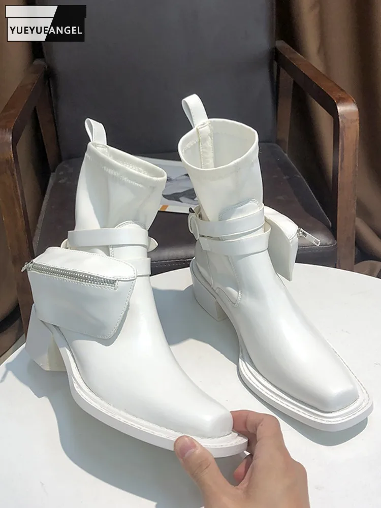 Fashion Runway Women Pocket Buckle High Top Ankle Boots Med Heels Square Toe Slip On Shoes Pu Leather Patchwork Punk Style Boots
Fashion Runway Women Pocket Buckle High Top Ankle Boots Med Heels Square Toe Slip On Shoes Pu Leather Patchwork Punk Style Boots
