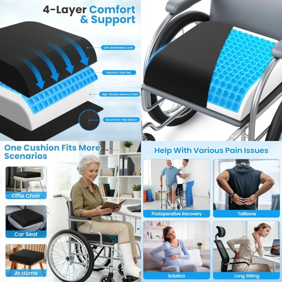 Wheelchair Seat Cushion for Pressure Relief, Cooling Gel Memory Foam Chair Cushion with Slope-Edge Design, Coccyx Support for T
Wheelchair Seat Cushion for Pressure Relief, Cooling Gel Memory Foam Chair Cushion with Slope-Edge Design, Coccyx Support for T