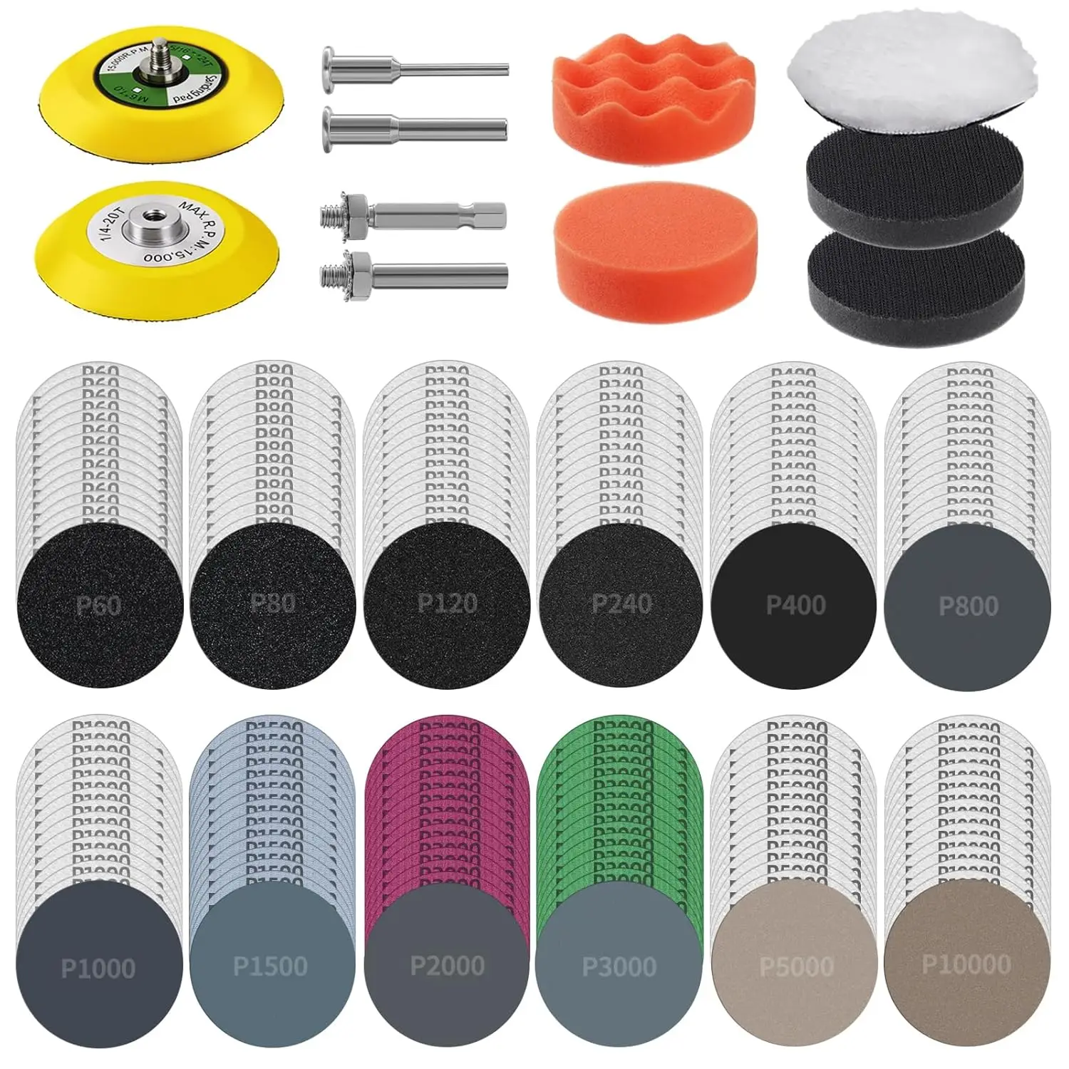 191Pcs 3' Sanding Disc Kit, 60-10000 Grit, Wet/Dry Silicon Carbide, Hook & Loop, with Pads for Car, Wood, Metal
191Pcs 3' Sanding Disc Kit, 60-10000 Grit, Wet/Dry Silicon Carbide, Hook & Loop, with Pads for Car, Wood, Metal