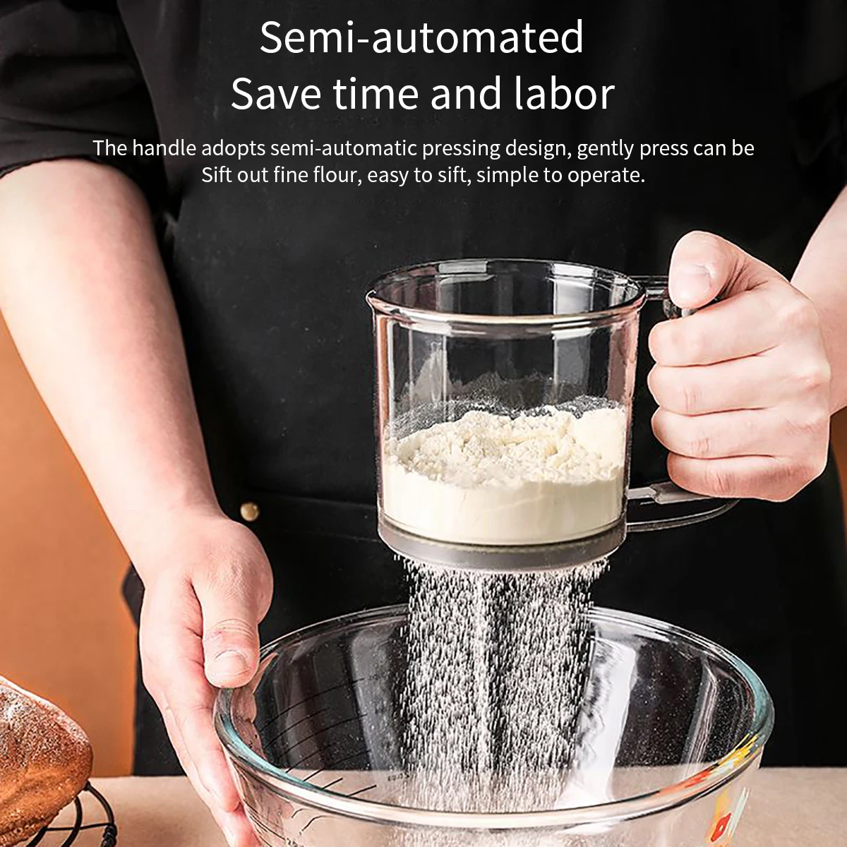 Kitchen baking, cake flour sieve, 40 mesh semi-automatic filter sieve, flour sieve with capacity scale
Kitchen baking, cake flour sieve, 40 mesh semi-automatic filter sieve, flour sieve with capacity scale