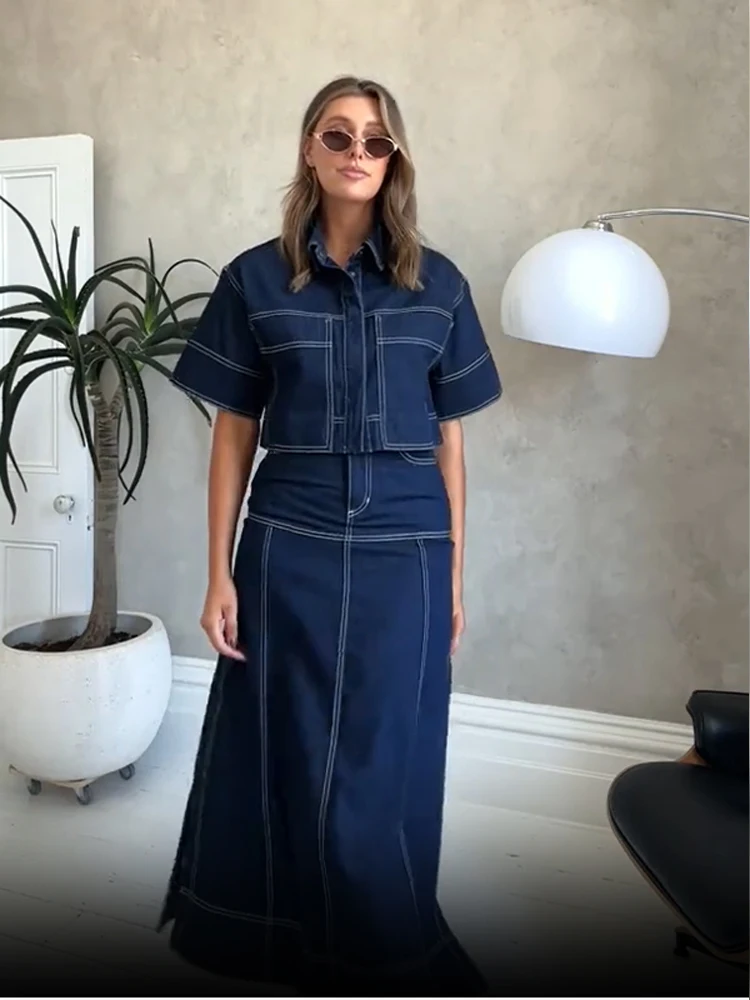 Ladies Casual Denim Skirt Suit Skinny Lapel Collar Single Breasted Buckle Pockets Shirt Longuette Set 2025 Commuting Street Wear
Ladies Casual Denim Skirt Suit Skinny Lapel Collar Single Breasted Buckle Pockets Shirt Longuette Set 2025 Commuting Street Wear