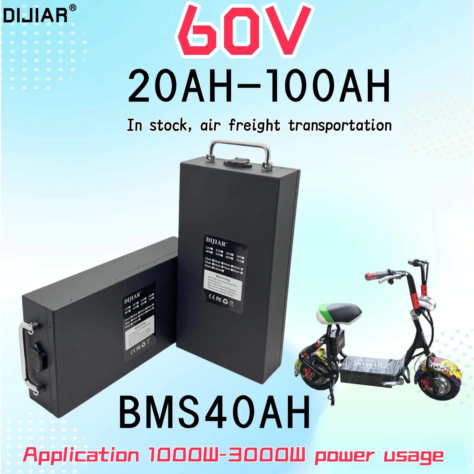 60V electric vehicle lithium-ion battery, 20AH-100AH, in stock, air freight, built-in BMS+charger
60V electric vehicle lithium-ion battery, 20AH-100AH, in stock, air freight, built-in BMS+charger