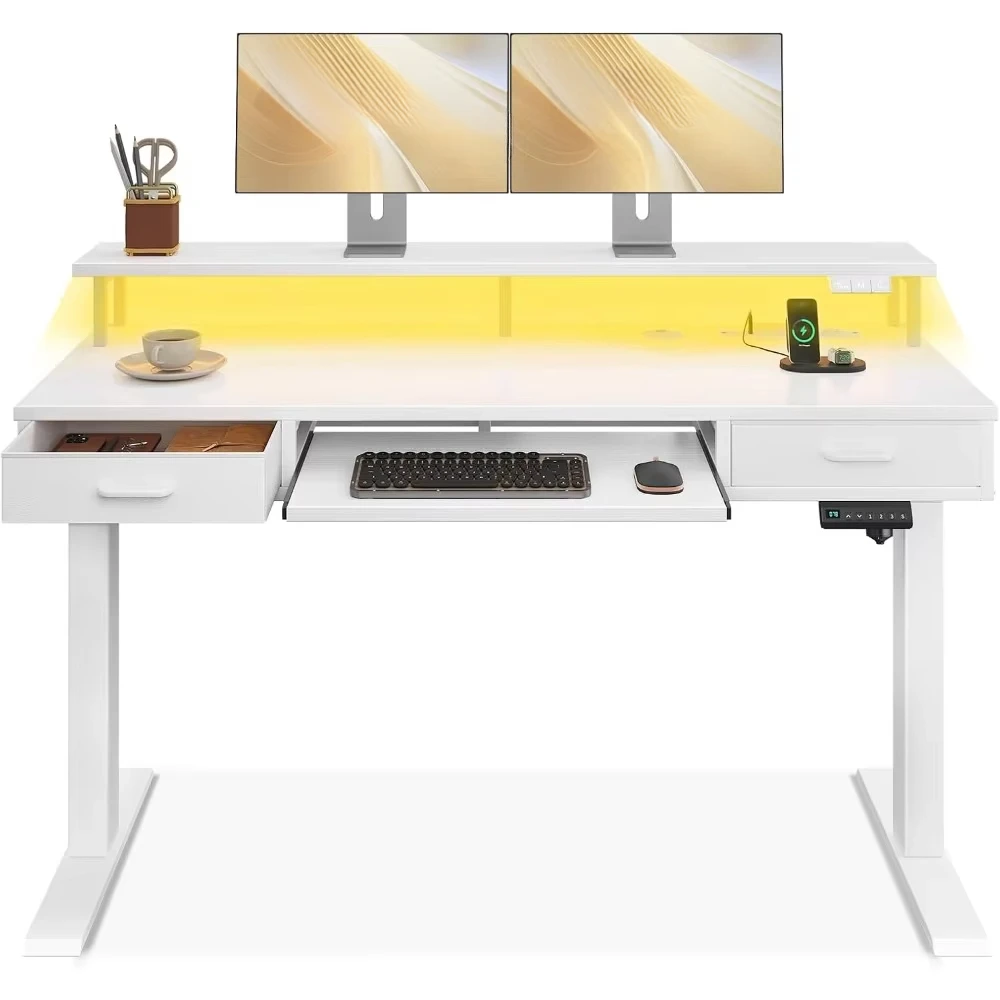 Electric Standing Desk with Drawers & Keyboard Tray, 55 Inch Height Adjustable Desk with Power Outlets & LED Lights
Electric Standing Desk with Drawers & Keyboard Tray, 55 Inch Height Adjustable Desk with Power Outlets & LED Lights