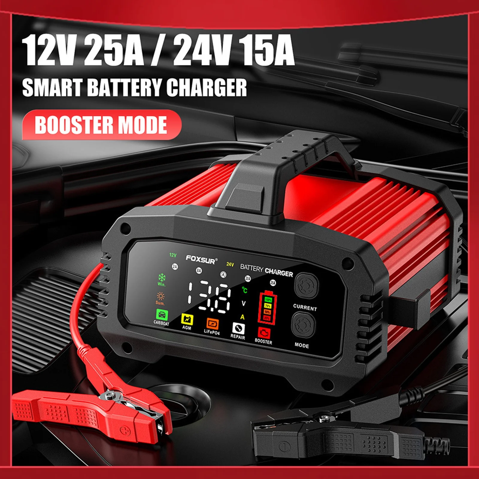 FOXSUR 25A Smart Car Battery Charger 12V/25A 24V/15A Portable Battery Charger Optional Charging Current with BOOSTER Function
FOXSUR 25A Smart Car Battery Charger 12V/25A 24V/15A Portable Battery Charger Optional Charging Current with BOOSTER Function