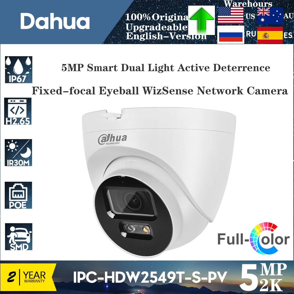 Original Dahua 5MP IPC-HDW2549T-S-PV Smart Dual Light Active Deterrence Fixed-focal Eyeball WizSense Network Camera 2-Way Audio
Original Dahua 5MP IPC-HDW2549T-S-PV Smart Dual Light Active Deterrence Fixed-focal Eyeball WizSense Network Camera 2-Way Audio