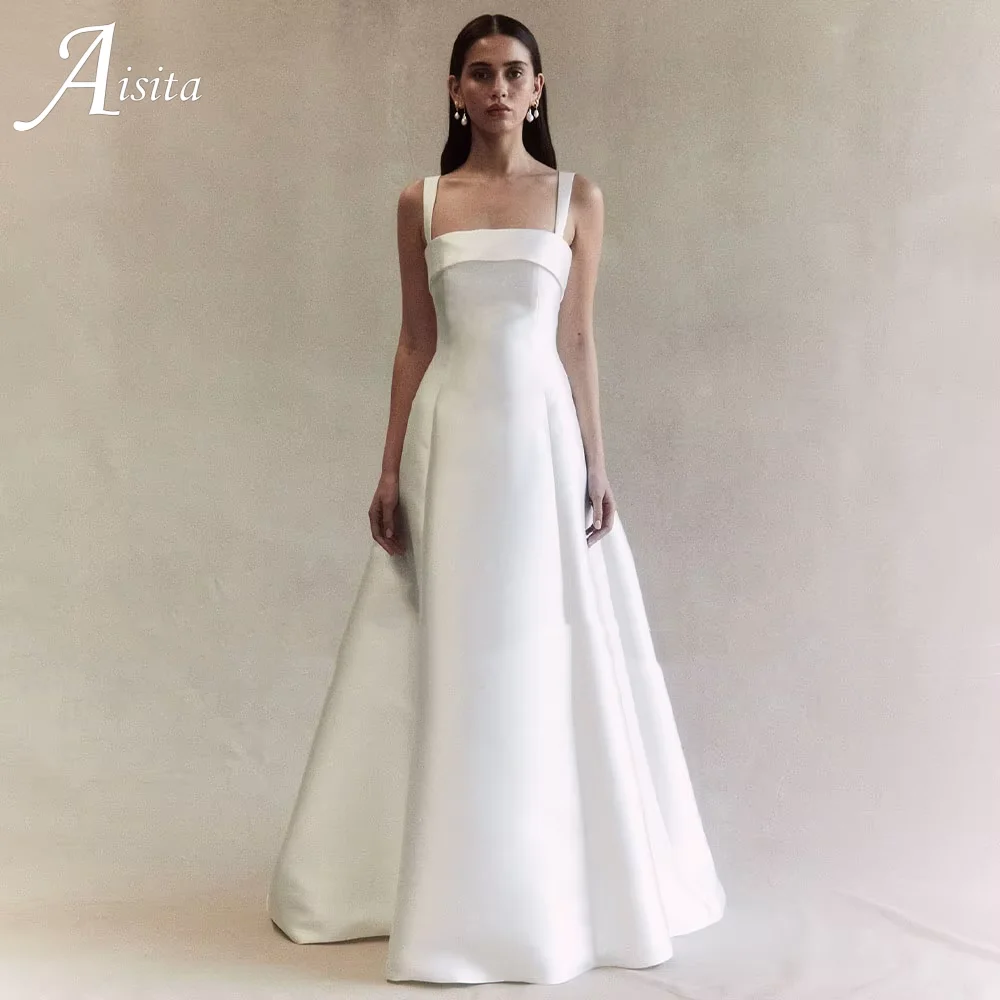 White Satin A Line Elegant Women's Square Collar Backless Wedding Gowns Spaghetti Straps A-Line Princess Bridal Gown Customized
White Satin A Line Elegant Women's Square Collar Backless Wedding Gowns Spaghetti Straps A-Line Princess Bridal Gown Customized