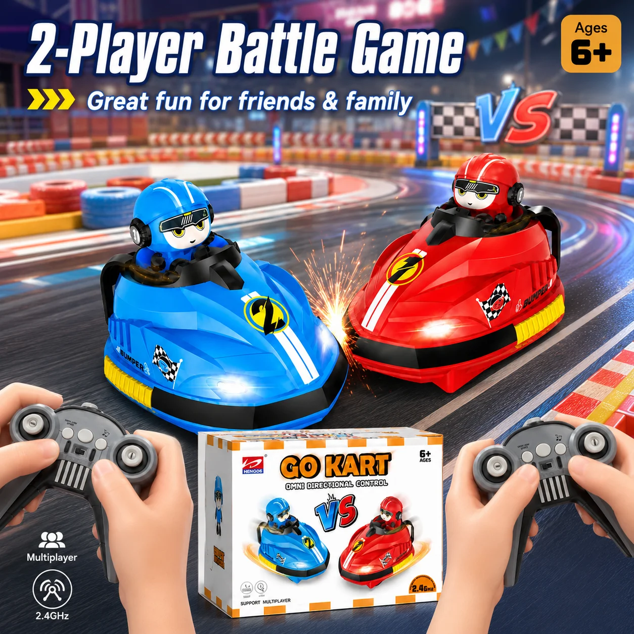 2.4G Remote Control Bumper Kart Toy, rechargeable remote combat car, a set of 1 blue/red car with 2 remote controls
2.4G Remote Control Bumper Kart Toy, rechargeable remote combat car, a set of 1 blue/red car with 2 remote controls