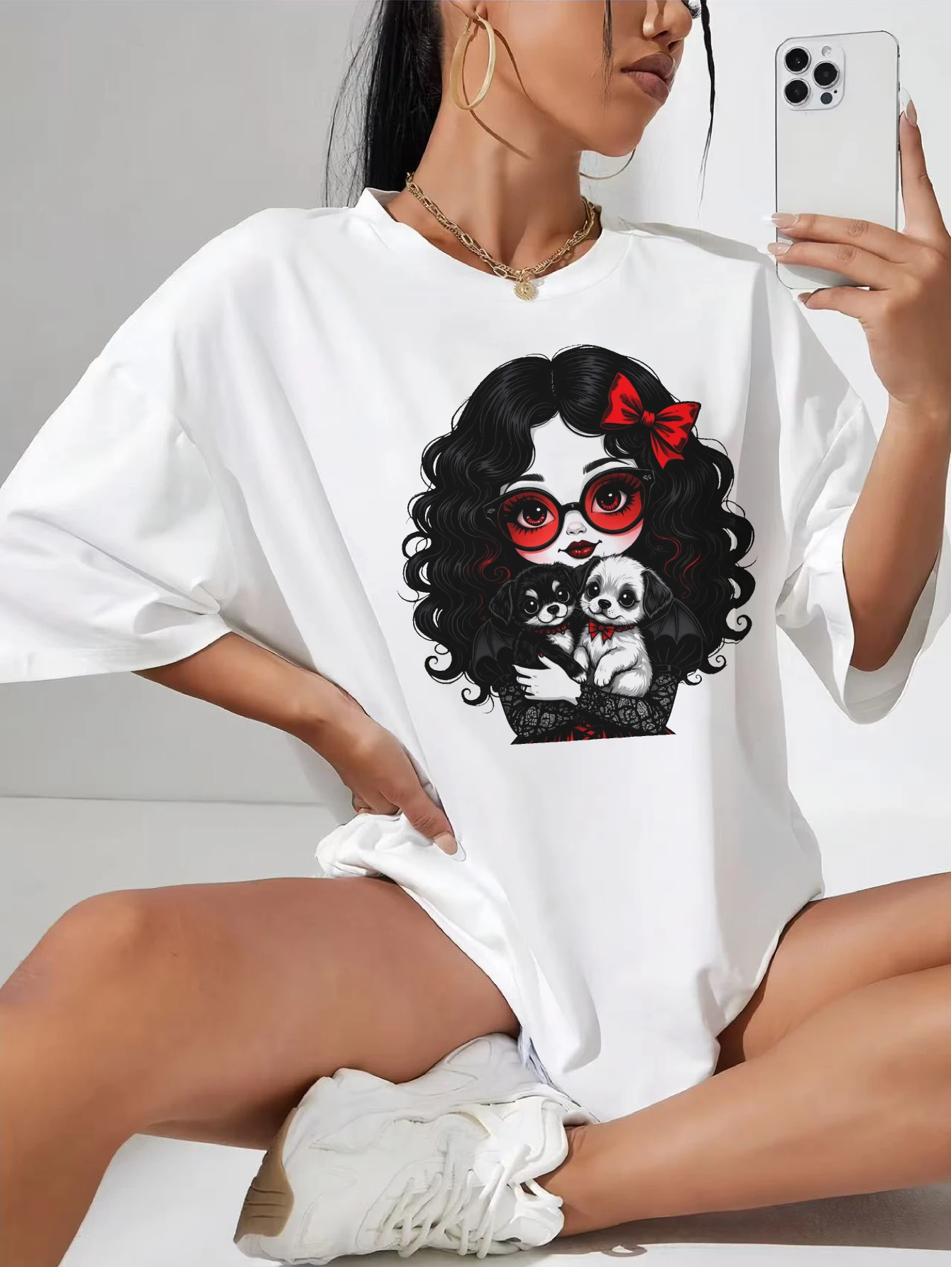 Goth-Girl-Bat-Puppies Comfortable White Women's T-Shirt Casual Loose Fit Ideal for Summer Festival Wear
Goth-Girl-Bat-Puppies Comfortable White Women's T-Shirt Casual Loose Fit Ideal for Summer Festival Wear