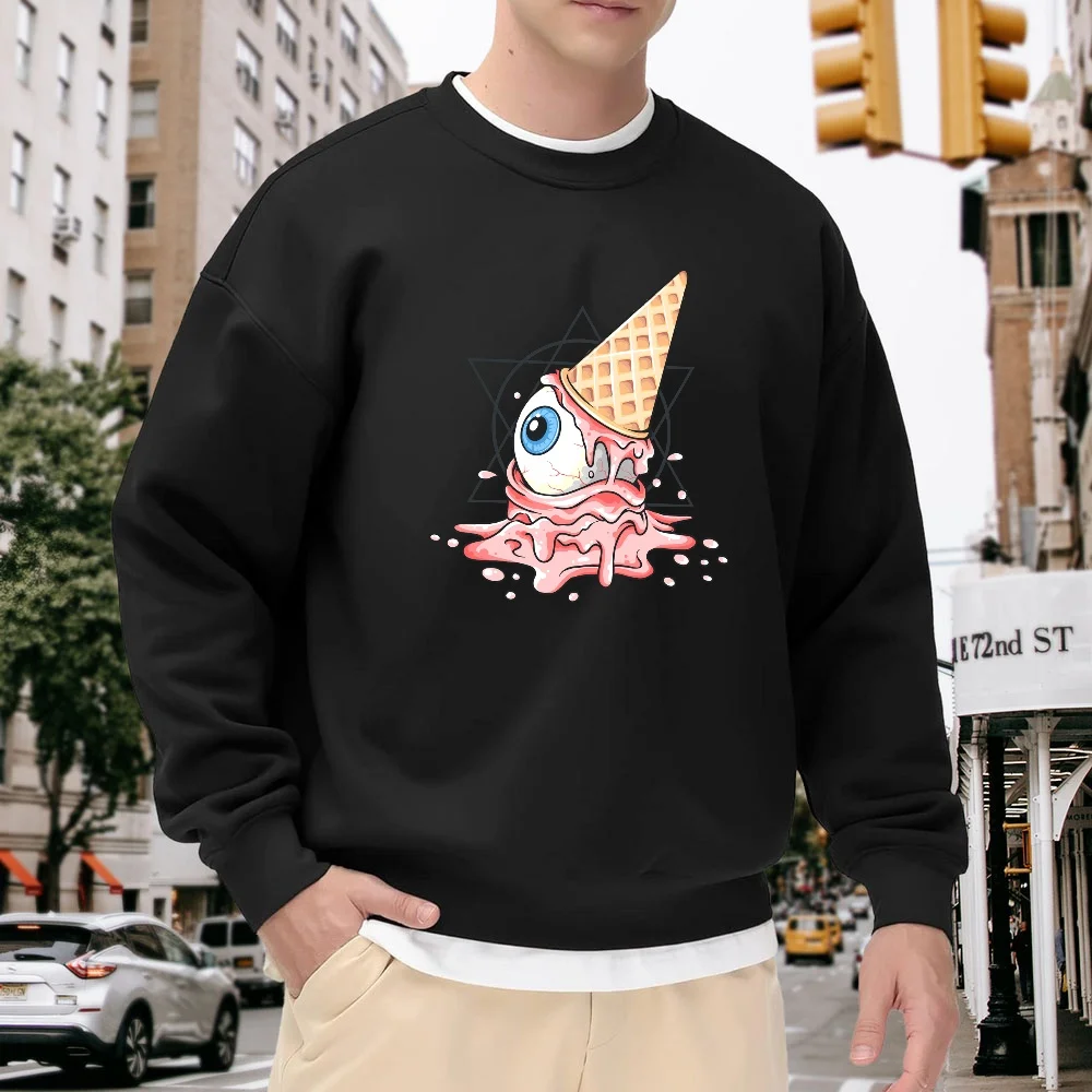 Men's Black Loose-Fitting Crew Neck Sweatshirt with Fun Eyeball Ice Cream Print, Casual Street Style Versatile Top, Soft and Comfortable Everyday Fashion Item
Men's Black Loose-Fitting Crew Neck Sweatshirt with Fun Eyeball Ice Cream Print, Casual Street Style Versatile Top, Soft and Comfortable Everyday Fashion Item