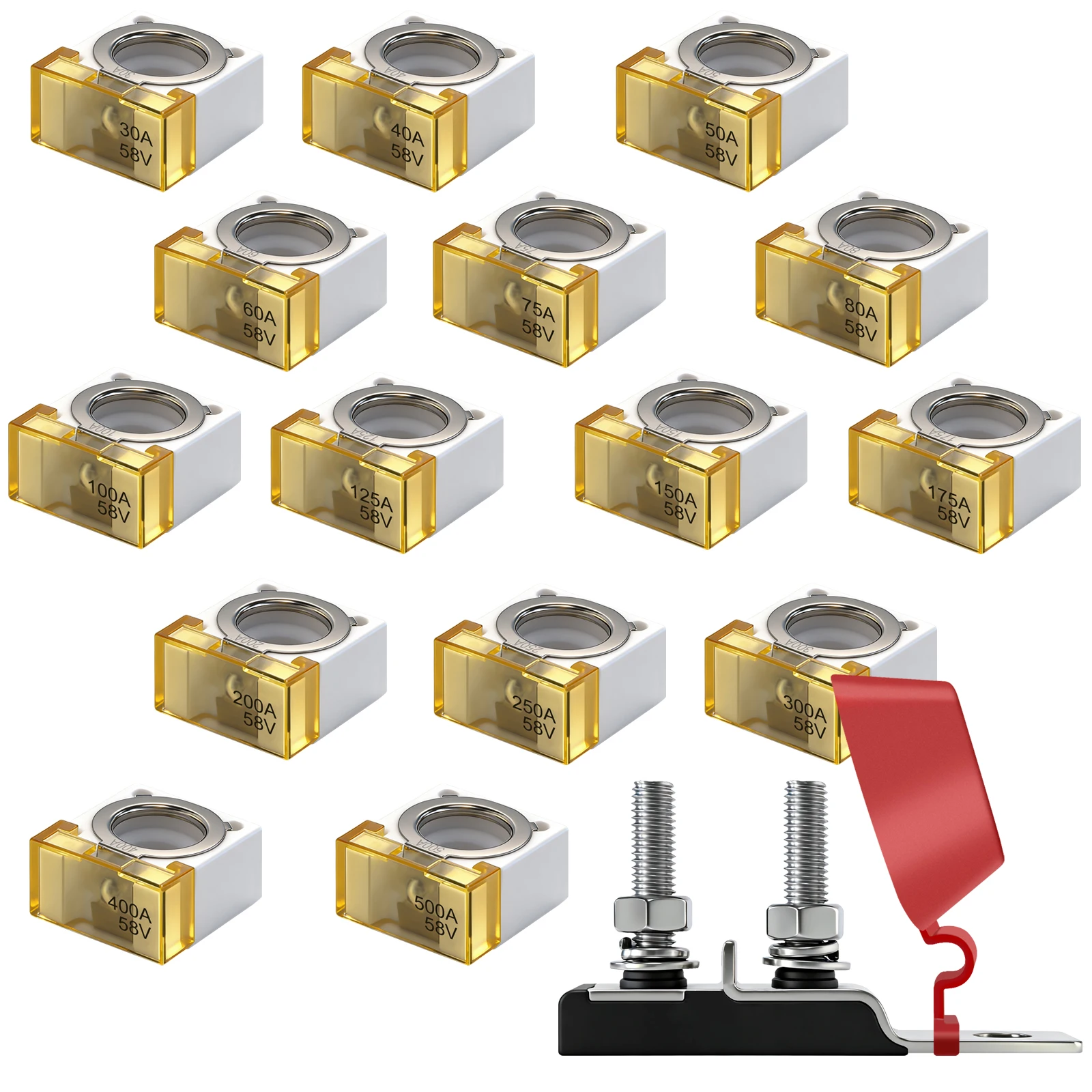 Marine-Grade Battery Fuse Kit Dual MRBF Terminal Fuse Block 30-500 Amp Fuse Holder Double Studs Max Voltage 58V for Boats Trucks
Marine-Grade Battery Fuse Kit Dual MRBF Terminal Fuse Block 30-500 Amp Fuse Holder Double Studs Max Voltage 58V for Boats Trucks