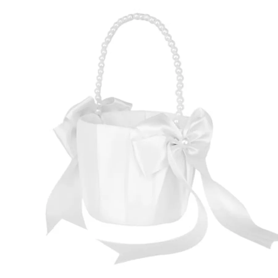 Wedding Flower Basket, 1 Piece, Pearl Handle Bow Satin Flower Basket, 5.9 Inches x 5.9 Inches x 5.9 Inches, White
Wedding Flower Basket, 1 Piece, Pearl Handle Bow Satin Flower Basket, 5.9 Inches x 5.9 Inches x 5.9 Inches, White