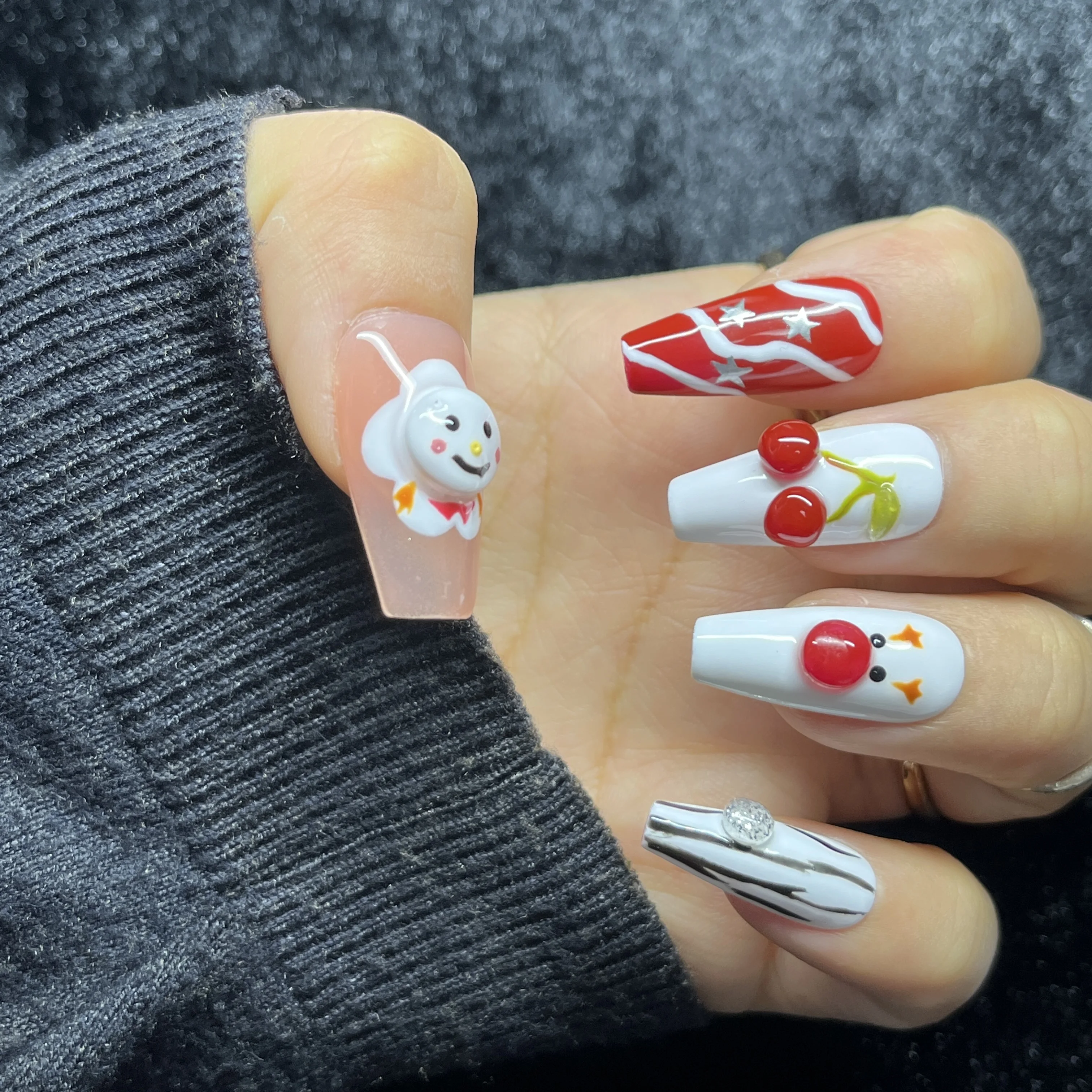 10PCS Handmade Square Nails Red Apple Cherry White with Snowman Bow Polka Dots Cartoon Press on Nails Sweet Cute for Daily Nails
10PCS Handmade Square Nails Red Apple Cherry White with Snowman Bow Polka Dots Cartoon Press on Nails Sweet Cute for Daily Nails