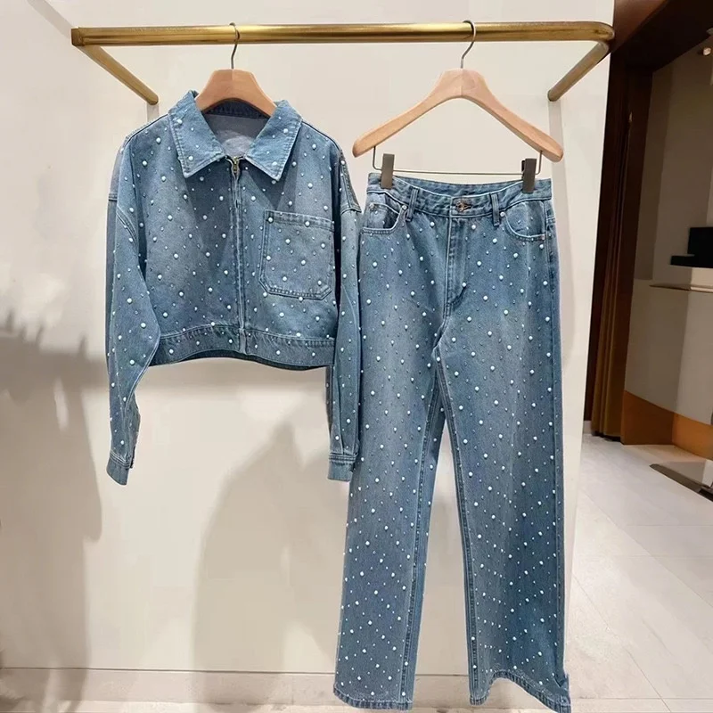 Faionable Diamond Embellied ort Jaet And Jeans Set Straight Leg Cotton Denim Zipper Closure Spring 2025 Collection 
Faionable Diamond Embellied ort Jaet And Jeans Set Straight Leg Cotton Denim Zipper Closure Spring 2025 Collection