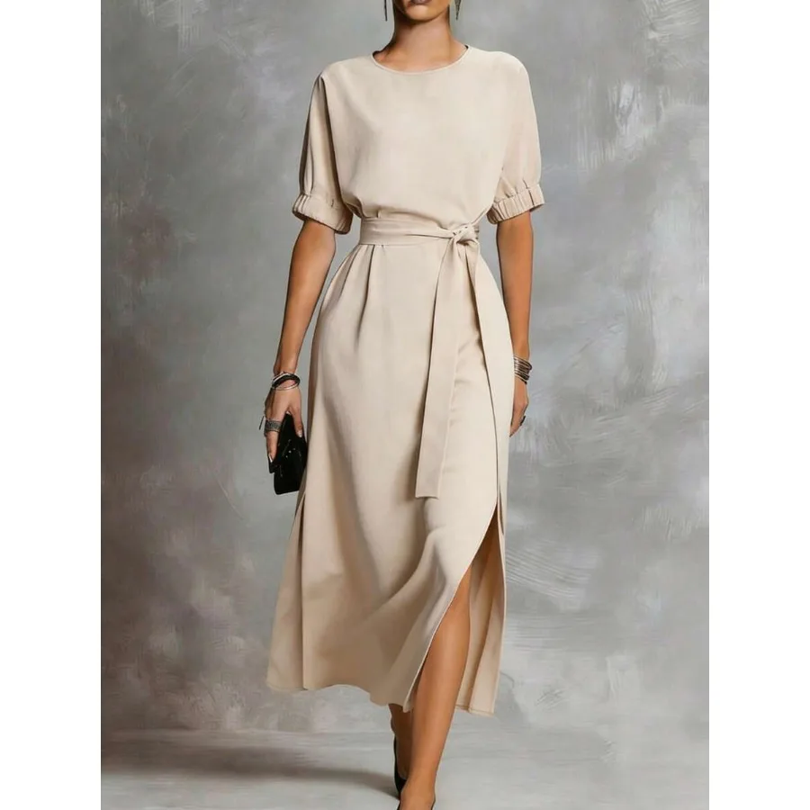 【New style】Women's Mid-Length Solid Color Waist Cinched Side Slit Dress, Short Sleeve Round Neck, Essential For Commuting And G
【New style】Women's Mid-Length Solid Color Waist Cinched Side Slit Dress, Short Sleeve Round Neck, Essential For Commuting And G