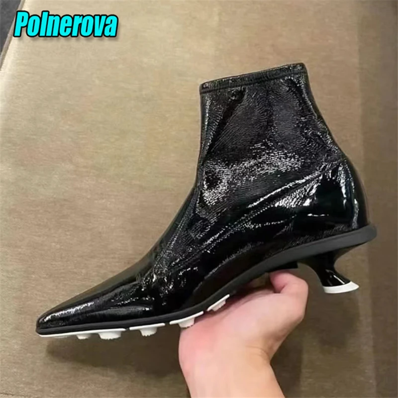 Novelty Pointed Toe Ankle Boots Trendy Patent Leather Strange Heel Slip-On Elastic Boots French Style Versatile Women's Shoes
Novelty Pointed Toe Ankle Boots Trendy Patent Leather Strange Heel Slip-On Elastic Boots French Style Versatile Women's Shoes
