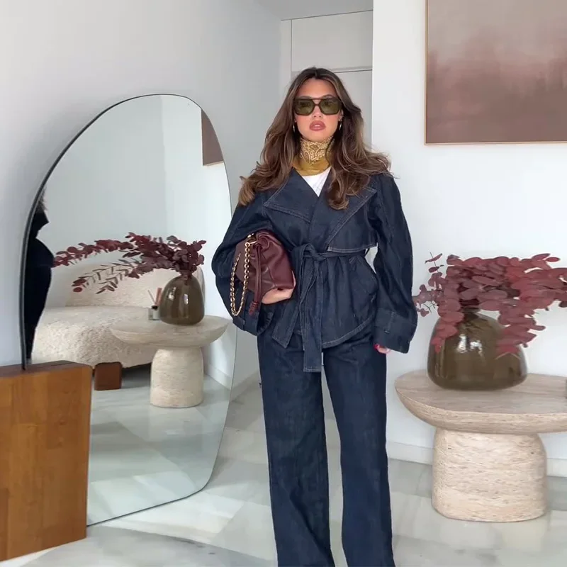 Vintage Denim Jacket Pants Sets Women Notched Belt Long Sleeved Coats Straight Leg Jean Female Spring High Street Lady Outfit
Vintage Denim Jacket Pants Sets Women Notched Belt Long Sleeved Coats Straight Leg Jean Female Spring High Street Lady Outfit