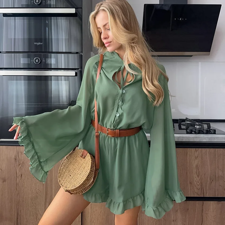 Sweet Autumn Women's Jumpsuit Bow-tie Ruffle Bell Sleeve High Waist Button Jumpsuit For Female Instagram-Style Lady's Outwear
Sweet Autumn Women's Jumpsuit Bow-tie Ruffle Bell Sleeve High Waist Button Jumpsuit For Female Instagram-Style Lady's Outwear