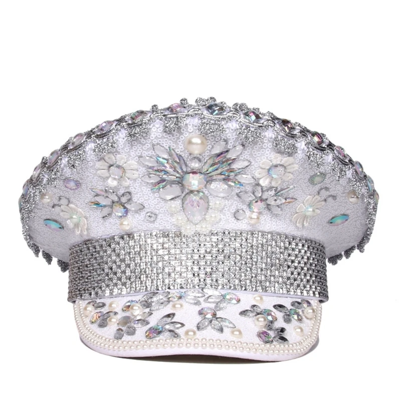 Bejeweled Crystal Captain Hat Women Men Sparkling Diamond Studded Sequins Pearl Beret Sailor Hat for Music Festival Party Props
Bejeweled Crystal Captain Hat Women Men Sparkling Diamond Studded Sequins Pearl Beret Sailor Hat for Music Festival Party Props