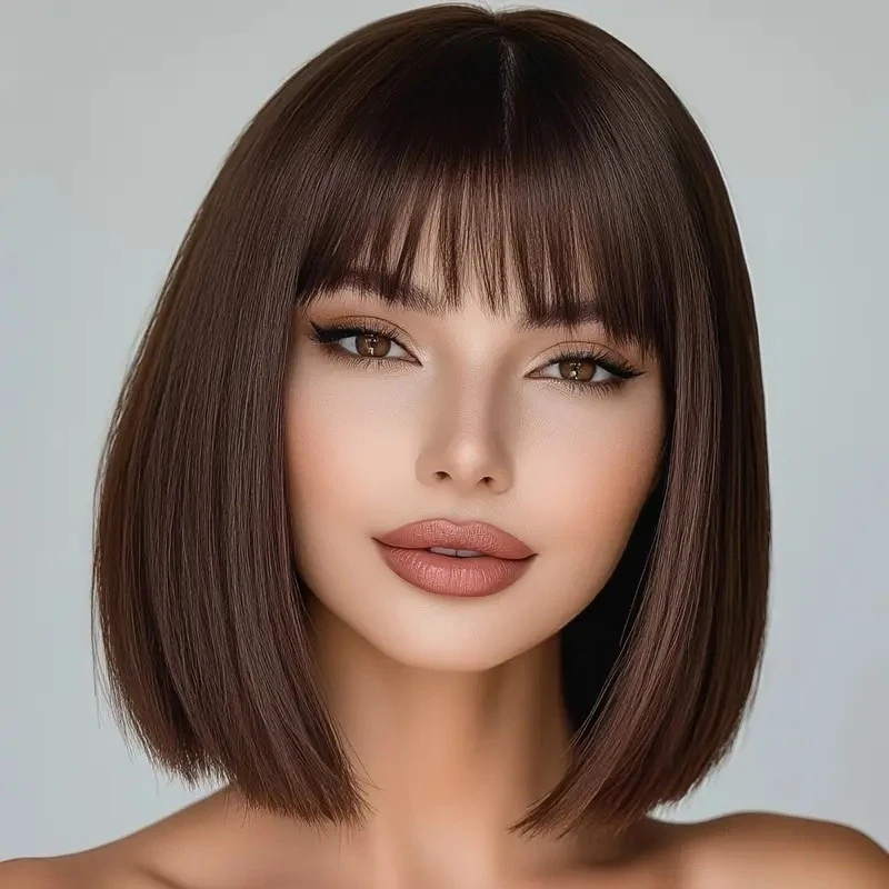 New European and American style bob for women, with bangs, stylish short straight hair, full head wig
New European and American style bob for women, with bangs, stylish short straight hair, full head wig
