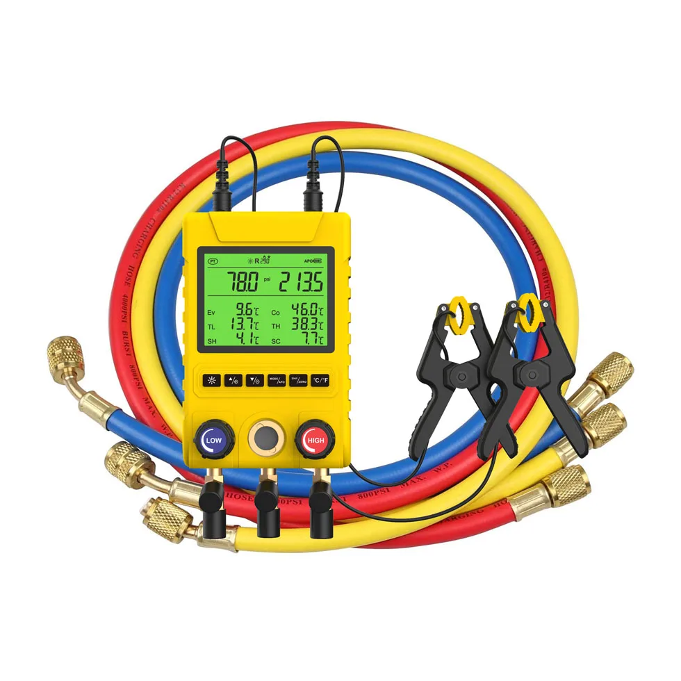 R32 R410A R600 R290 R134a R22 A/C Service Refrigerant Digital Manifold Gauge Pressure Gauge with Temp Clamp and Charging Hose
R32 R410A R600 R290 R134a R22 A/C Service Refrigerant Digital Manifold Gauge Pressure Gauge with Temp Clamp and Charging Hose