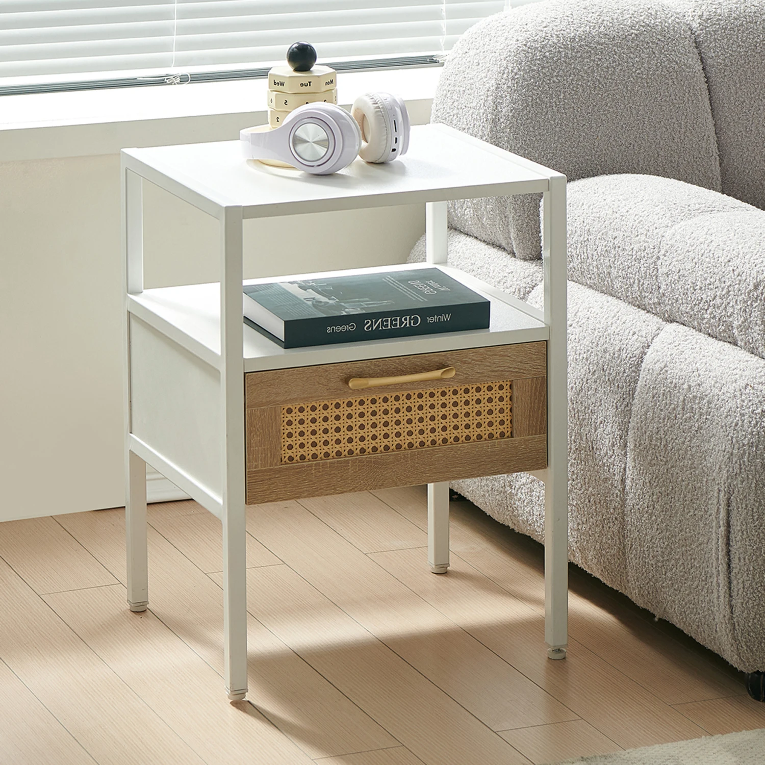 15.75" Rattan End table with drawer, Modern nightstand, metal legs,side table for living room, bedroom,white(1 pc)
15.75" Rattan End table with drawer, Modern nightstand, metal legs,side table for living room, bedroom,white(1 pc)