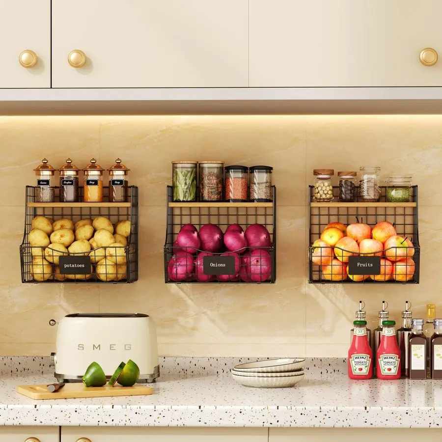 Pack Fruit Basket for Kitchen with Wood Lid CounterampWall Mounted Onion and Potato Storage with Nameplate, Stackable Storage Ba
Pack Fruit Basket for Kitchen with Wood Lid CounterampWall Mounted Onion and Potato Storage with Nameplate, Stackable Storage Ba