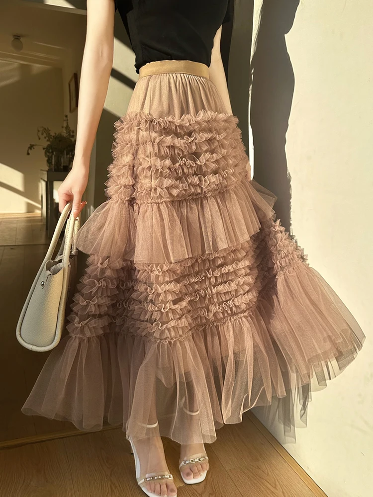 Elastic High Waist Summer Mesh Skirts Women Ruffles Lace Skirts Solid Color Black Long Skirt Loose Casual Party Skirts Korean
Elastic High Waist Summer Mesh Skirts Women Ruffles Lace Skirts Solid Color Black Long Skirt Loose Casual Party Skirts Korean