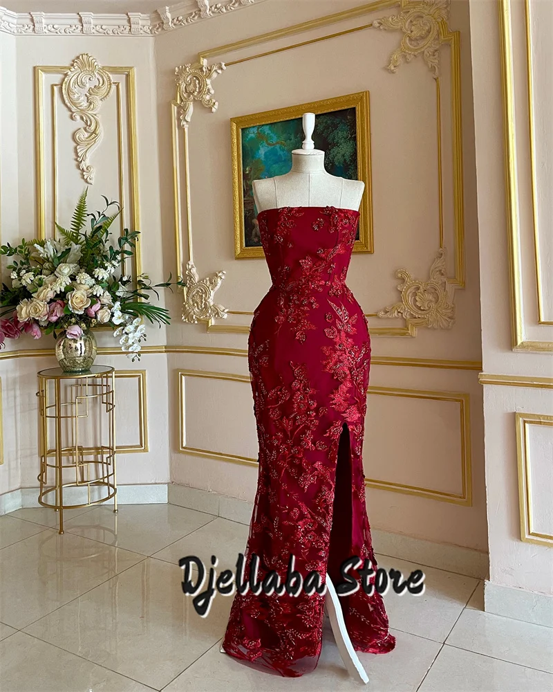Red Strapless Beaded Evening Dresses 2025 Women Saudi Arabia Side Slit Appliques Mermaid Prom Dress Vestido De Noche Customized
Red Strapless Beaded Evening Dresses 2025 Women Saudi Arabia Side Slit Appliques Mermaid Prom Dress Vestido De Noche Customized