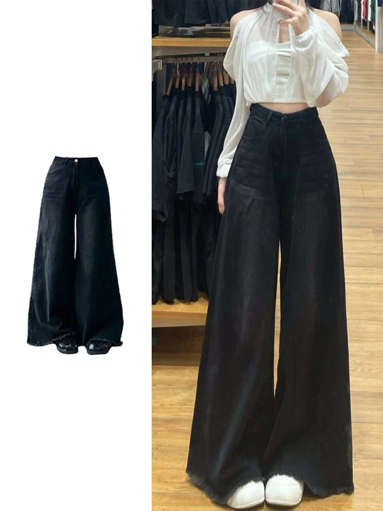 High Waist Bell Bottom Denim Jeans Women's Black Frayed Hem Wide Leg Pants Loose Fit Fall Collection Vintage American Style
High Waist Bell Bottom Denim Jeans Women's Black Frayed Hem Wide Leg Pants Loose Fit Fall Collection Vintage American Style