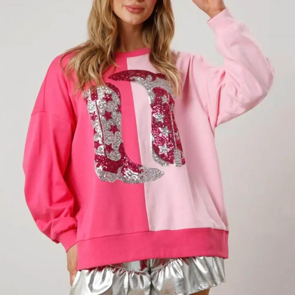 Long-sleeve Contrast Color Sweatshirt Soft Comfortable Sweatshirt Sequin Boots Pattern Patchwork Sweatshirt Women's for Spring
Long-sleeve Contrast Color Sweatshirt Soft Comfortable Sweatshirt Sequin Boots Pattern Patchwork Sweatshirt Women's for Spring