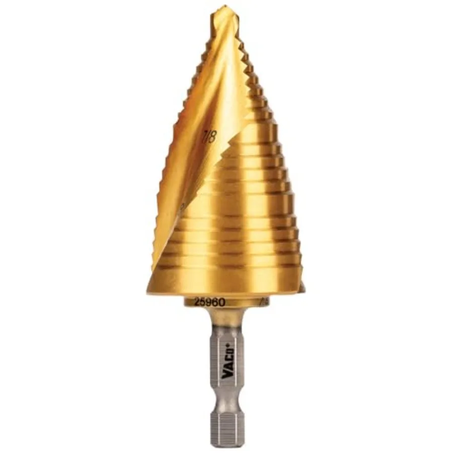 25960 Step Drill Bit 7/8 to 1-3/8-Inch Spiral Double-Fluted Cut Thin Metal Plastic Aluminum Wood 1/4-Inch Hex Shank VACO
25960 Step Drill Bit 7/8 to 1-3/8-Inch Spiral Double-Fluted Cut Thin Metal Plastic Aluminum Wood 1/4-Inch Hex Shank VACO