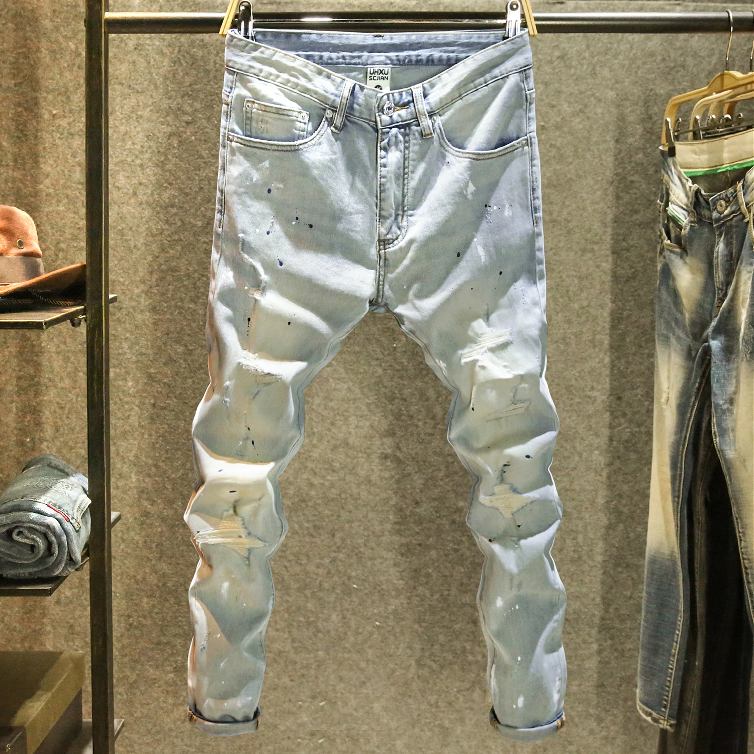 Trendy Street Sle Splattered Ink Jeans Men's Light Colored Cuffed Slim Fit Nine Points Faionable Youth Denim Pants
Trendy Street Sle Splattered Ink Jeans Men's Light Colored Cuffed Slim Fit Nine Points Faionable Youth Denim Pants