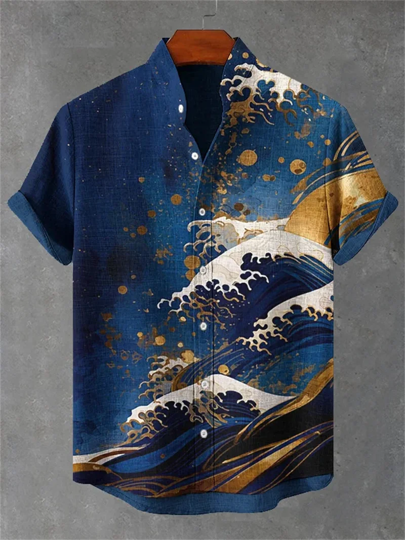 Новая мужская льняная рубашка с короткими рукавами в стиле ретро, рубашка с волнистым принтом и пуговицами, уличная мужская повседневная рубашка с короткими рукавами 
Новая мужская льняная рубашка с короткими рукавами в стиле ретро, рубашка с волнистым принтом и пуговицами, уличная мужская повседневная рубашка с короткими рукавами