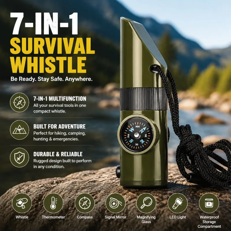 7-in-1 Multifunctional Outdoor Survival Whistle Emergency Rescue Signal Horn Built-in LED Flashlight Thermometer Compass
7-in-1 Multifunctional Outdoor Survival Whistle Emergency Rescue Signal Horn Built-in LED Flashlight Thermometer Compass
